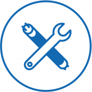Icon von einer Leuchtröhre, die von einem Schraubenschlüssel gekreuzt wird, in blau
