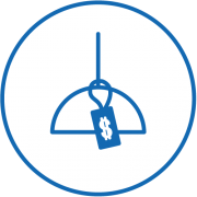 Icon einer Deckenlampe mit Preisschild in blau