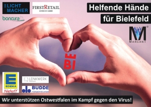 zwei Händen die ein Herz formen, in der Mitte ist das neue Logo von Bielefeld. Überschrift: Helfende Hände für Bielefeld. Zusatz: WIr unterstützen Ostwestfalen im Kampf gegen den Virus! Mit Logos der Firmen, die unterstützen.