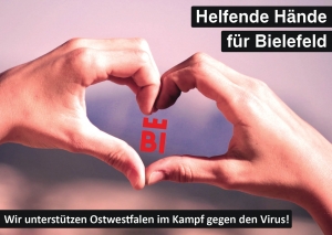 zwei Händen die ein Herz formen, in der Mitte ist das neue Logo von Bielefeld. Überschrift: Helfende Hände für Bielefeld. Zusatz: WIr unterstützen Ostwestfalen im Kampf gegen den Virus!